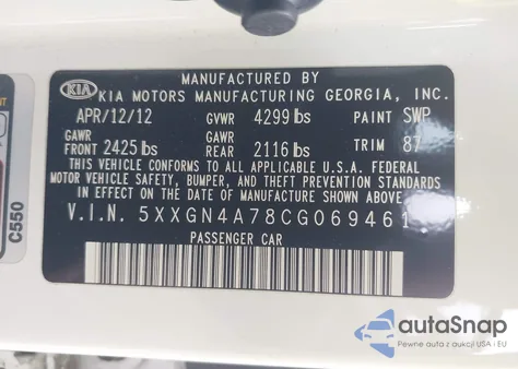 2012 Kia Optima Ex z USA, uszkodzony, nr VIN 5XXGN4A78CG069461